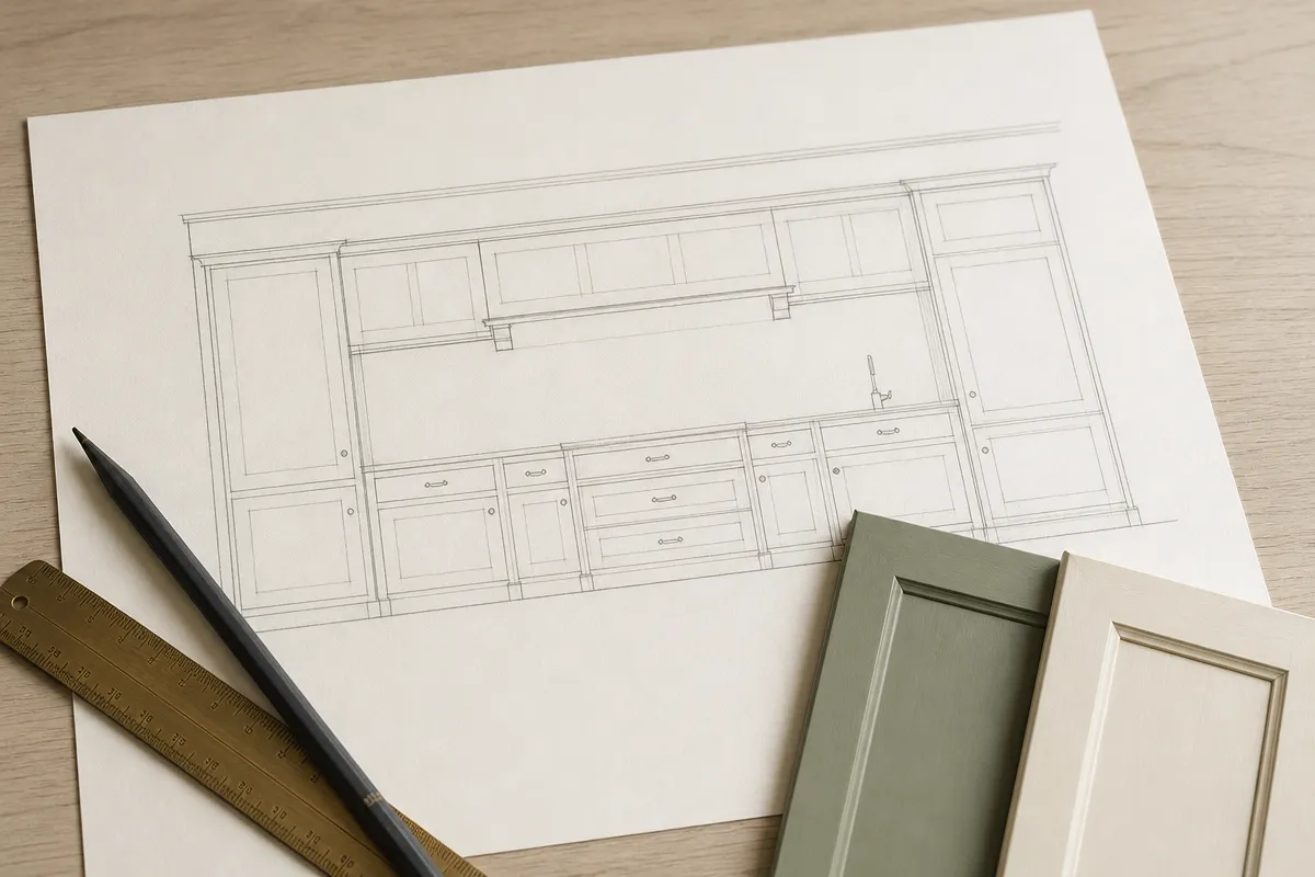 A pencil elevation of a kitchen wall run on drawing paper with a brass scale rule, a pencil and two painted door samples