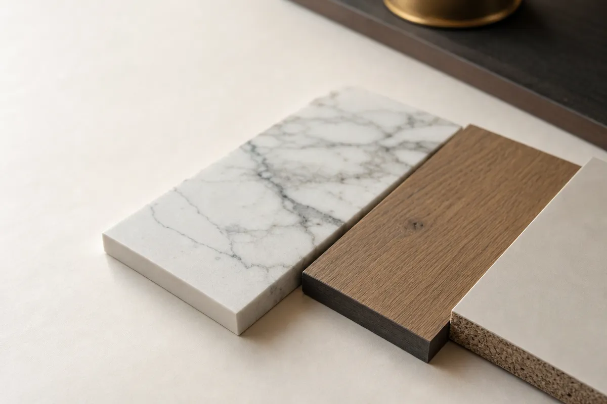 Worktop samples laid in a row: a white marble-effect quartz-look piece, an oak piece and a laminate piece showing its edge